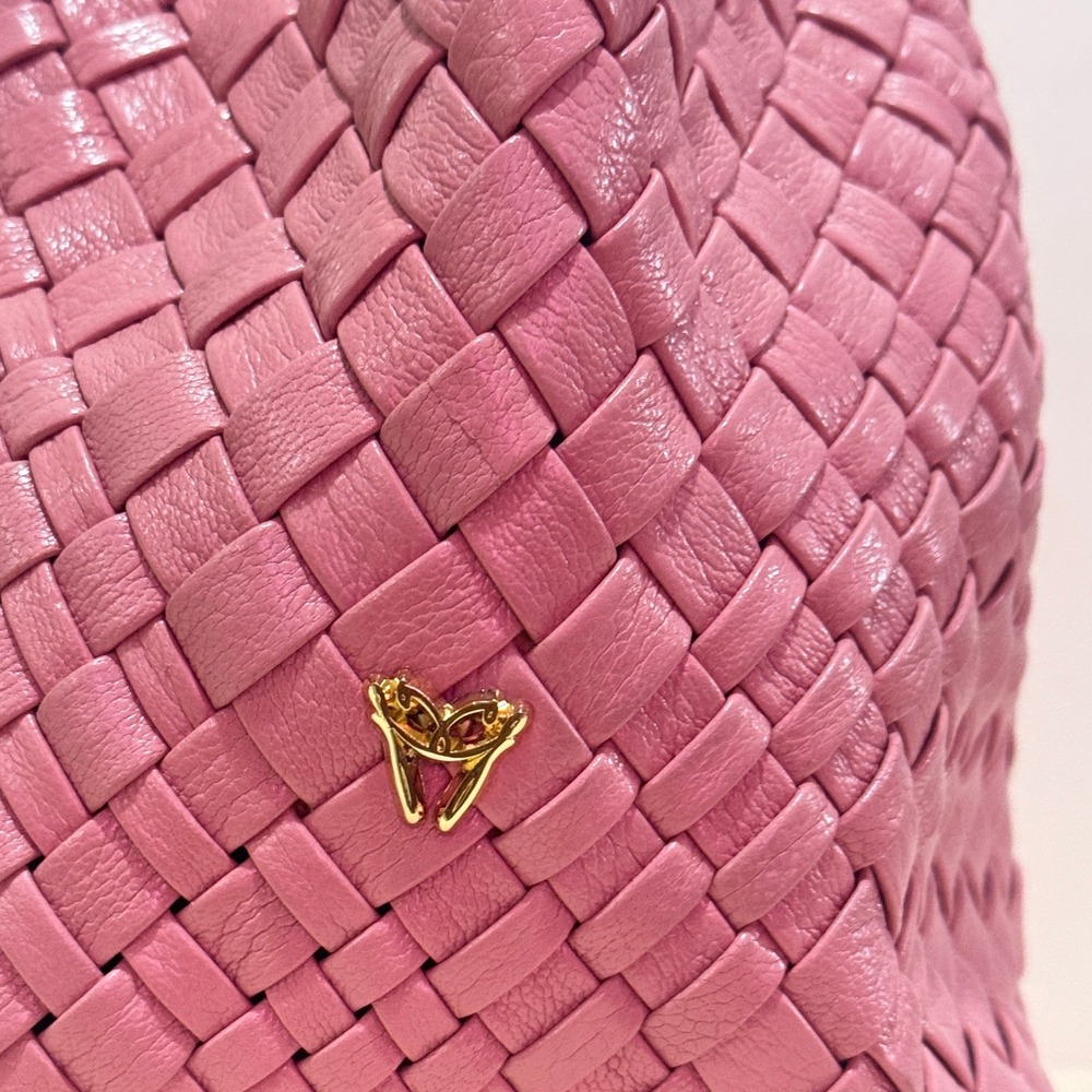 Ghibli Pink Genuine Leather Woven Tote Handbag Removable Pouch Gold Hardware - Picture 4 of 13
